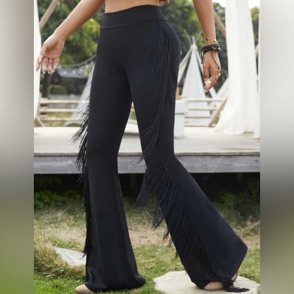 Women’s black fringe legs pants wide leg size medium boot cut country concert